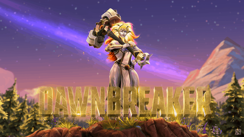 The new Dota 2 Hero, Dawnbreaker, a tall golden haired woman with a massive stone hammer, stands in a grassy field. A purple sky filled with stars behind her